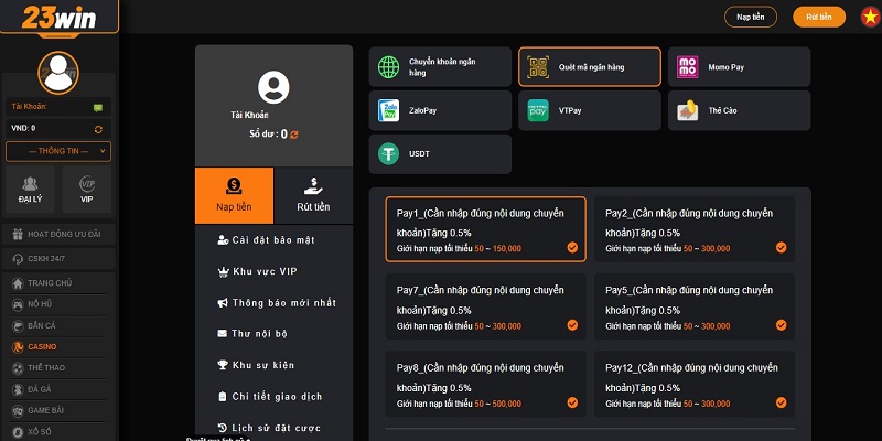 Nạp tiền 23WIN- hướng dẫn nạp tiền qua chuyển khoản 