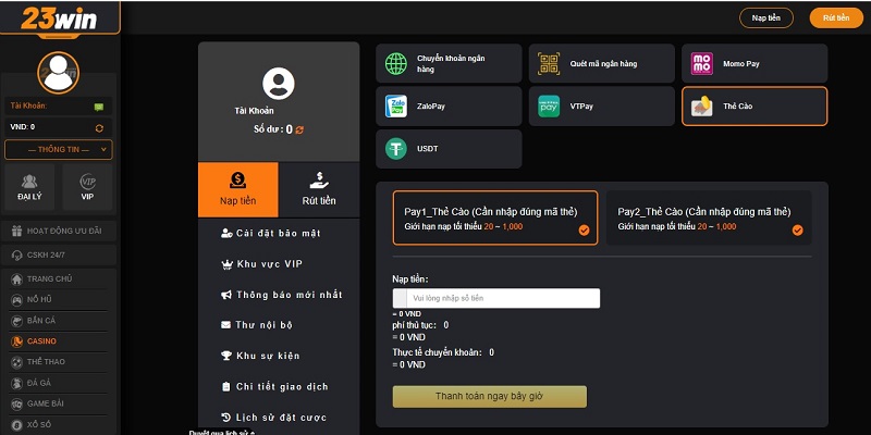 Nạp tiền 23WIN- nạp tiền bằng thẻ cào 